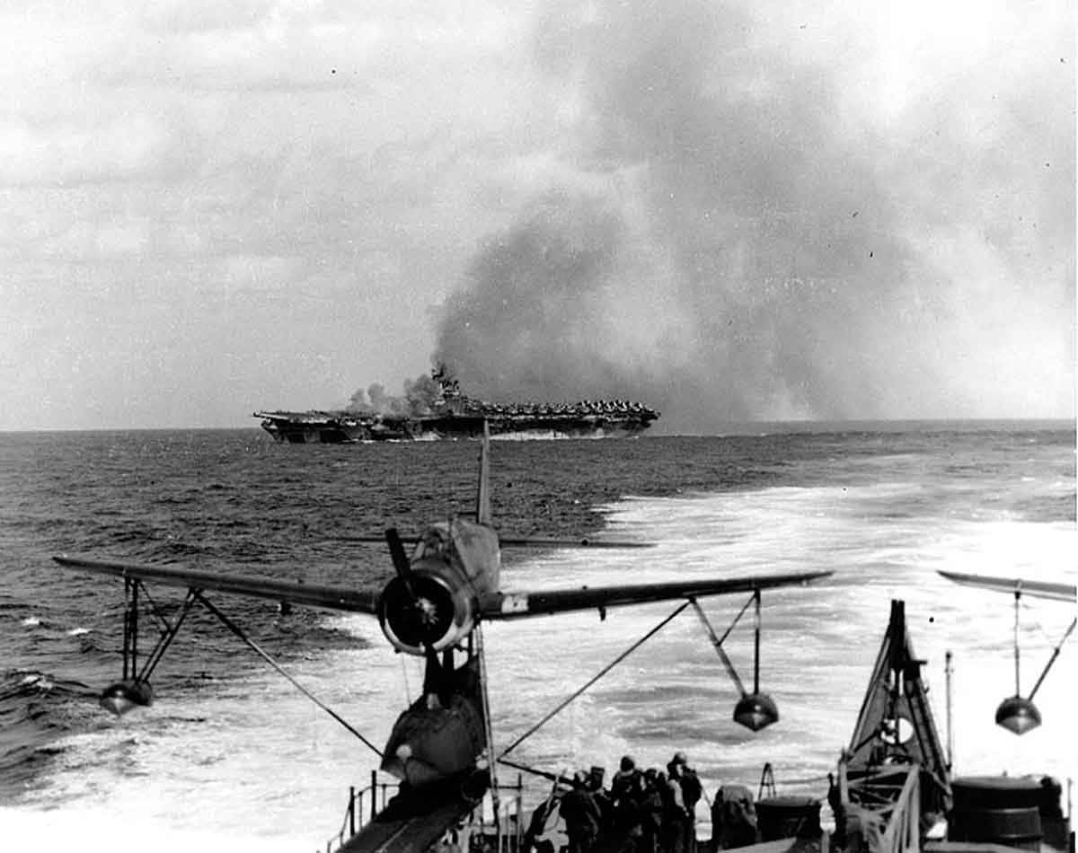 Ticonderoga CV-1 afire off Formosa, January 21, 1945, just after her initial kamikaze hit